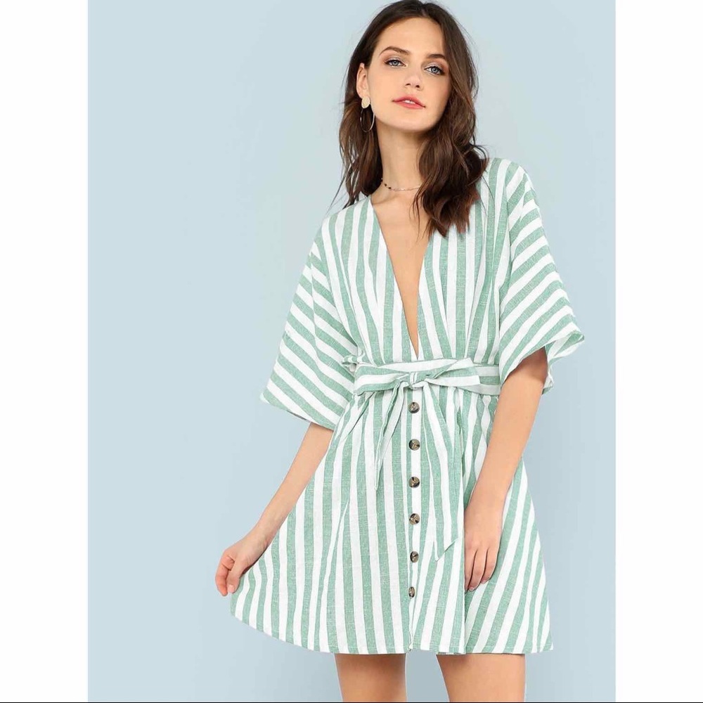 Deep V Neck Button Front Striped Backless Dress